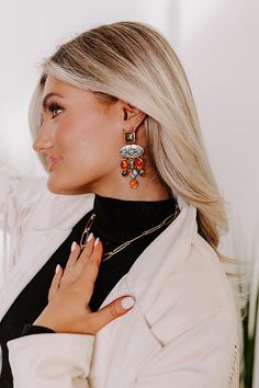 Adorn yourself with modern trendy style with these chic earrings! Gold chandelier style earrings with dangling colorful stones Length: 3" Colorful Stones, Chic Earrings, Chandelier Style, Gold Chandelier, Trendy Style, Style Earrings, Earrings Gold, Stone Color, Trendy Fashion