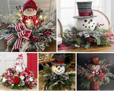 four different pictures of snowmen and christmas decorations