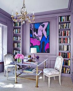 an instagram page with purple walls and white chairs in the room, including a chandelier