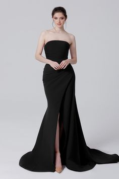 Make a grand entrance and captivate all eyes in the MNM Couture N0464 evening dress. Crafted from sumptuous crepe, this stunning gown boasts a strapless neckline, a fitted bodice, and an enchanting mermaid silhouette. The dramatic side split sleeves add a touch of allure, while the zipper back closure and sleek train ensure a flawless fit. Perfect for unforgettable Mother of the Bride moments. Long Dress Photoshoot Poses Studio, Long Dress Photoshoot Poses, Dress Photoshoot Poses, Long Dress Photoshoot, Photoshoot Poses Studio, Plus Size Gowns Wedding, Bodycon Gown, Mnm Couture, Dress Photoshoot