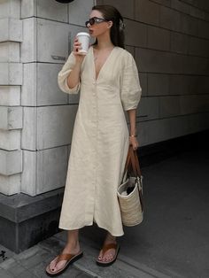 Cotton & Linen Button-Front Knotted Long Dress Linen Design, Button Front Maxi Dress, V Neck Midi Dress, Midi Short Sleeve Dress, Summer Events, Boho Casual, 5 S, Social Events, Linen Dresses