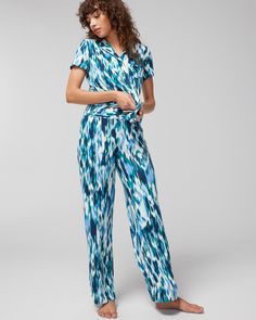 Our favorite Cool Nights material stretches softly and keeps you cool for an easy night of sleep, and these pants don't squeeze or squish, letting your body breathe with their relaxed fit. Details Wide leg 30" inseam Front pockets Wide, paperbag waistband 93% rayon, 7% spandex. | Women's Cool Nights Wide Leg Pajama Pants in Dream Ikat G Green size Medium | Soma, Pajama Sets Wide Leg Pajama Pants, Sleep Clothes, Soma Intimates, Bra Dress, The Vanishing, Pajama Sets, Shapewear, Women Lingerie, Pajama Set