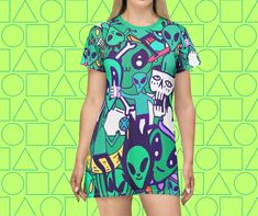 T-shirt dresses for women teenage girls, t shirt dress pattern casual cute, t shirt dress sewing pattern women's party festivities summer, t shirt dress with print summer beach spring teenage girl, t shirt dress women fun casual spring summer beach party, T-shirt dress casual outfit for women and girls. Alien graphic t-shirt dress, Alien teen minidress, rave top t-shirt dress for women, funny alien graphic tee, oversized t shirt dress, aliens, funny t shirts for women. T-Shirt Dress (AOP) 🔥Abou Fitted Cartoon Print T-shirt For Summer, Summer Dresses With Graphic Print And Relaxed Fit, Fitted Graphic T-shirt For Summer, Summer Dress With All Over Print And Short Sleeves, Fitted Graphic Design T-shirt For Summer, Summer Graphic Print Relaxed T-shirt Dress, Summer Graphic Print Relaxed Fit T-shirt Dress, Summer Dresses With All Over Print And Short Sleeves, Green Graphic Print Dresses