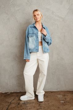 You'll never go out of style in the Daria Denim Jacket! This denim jacket is made of a medium wash denim and features a collared neckline, buttoning pockets and cuffs, front welted pockets, and a full button placket. Pair with the Levi's Baggy Dad Jeans in Barely Freezing to compete this trendy and casual look! Details 92% Cotton, 3% Viscose, 5% Polyester Unlined Adjustable sides﻿ Hand wash cold / Line dry American Threads, Dad Jeans, Of Outfits, Ruffled Maxi Dress, Sweater Sale, Lace Ruffle, Bodycon Mini Dress, Casual Jacket, Go Out