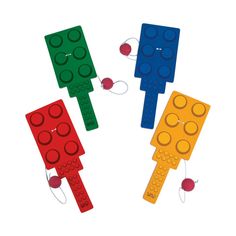 three lego people made to look like they are floating in the air