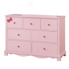 a pink dresser with red hearts on the top and bottom drawers, against a white background