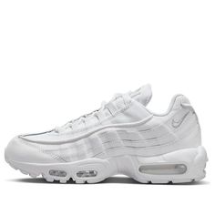 The Nike Air Max 95 'Triple White' is a classic silhouette with a modern twist. The all-white upper is made of breathable mesh and leather, while the rubber sole provides superior cushioning and traction. This sneaker is perfect for any activity, from running to casual wear. Inspired by the human body, the Air Max 95 features a unique design that is both stylish and comfortable. The 'Triple White' colorway is a timeless classic that will never go out of style. With its sleek design and superior comfort, the Nike Air Max 95 'Triple White' is a must-have for any sneaker enthusiast. (SNKR/Unisex/Low Top/Pure White) Nike Air Max Triple White, Classic Lace-up Sneakers With Air Cushioning, Classic Sneakers With Air Cushioning, Classic Sneakers With Air Cushioning And Round Toe, Classic Lace-up Sneakers With Air Max Cushioning, Classic White Running Shoes With Air Max Cushioning, Classic Running Shoes With Air Cushioning And White Sole, Nike Functional Sneakers In Summit White, Classic Nike Running Shoes With Branded Insole