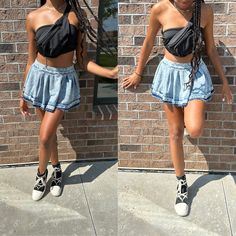 • pleated denim skirt • mini skirt style • model is in size small Edgy Short Mini Skirt For Summer, Edgy High Waist Skort For Summer, Edgy High Waist Summer Skort, Edgy High-waist Skort For Summer, Edgy High-waist Summer Skort, Edgy Pleated Skort For Summer, Edgy Denim Mini Skort, Cotton Denim Mini Skirt With Pleats, Trendy Mini Denim Skirt For Day Out