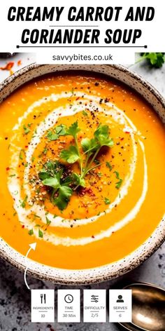 creamy carrot and coriander soup in a bowl