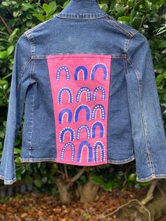 Size M 'when Angel' girls jacket Hand Painted Blue Denim Jacket For Spring, Spring Denim Outerwear Hand Painted, Artsy Cotton Denim Jacket For Spring, Spring Hand Painted Denim Outerwear, Artsy Long Sleeve Cotton Denim Jacket, Artistic Cotton Outerwear For Spring, Artistic Cotton Spring Outerwear, Spring Hand Painted Blue Denim Jacket, Hand Painted Blue Cotton Denim Jacket