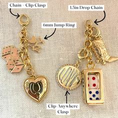 Listing is for one single charm - please make selection below Size medium charms - to browse large and small charms, click here. Deadstock/vintage gold-plated/filled charms on your choice of a gold-plated swivel clasp, 6mm jump ring, 1.5in chain drop, or drop+clasp combo. Clip on one of our plain necklace or bracelet chains, or add them to anything else you desire! Clasp option has a swivel attachment to be clipped on anything/face any way you want. Some charms are vintage/deadstock. Variants wi Plain Necklace, Gold Clips, Small Charms, Jewelry Inspo, Jump Rings, Charm Jewelry, Clip On, Vintage Silver, Vintage Gold