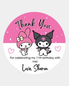 a pink and white sticker with two cartoon characters on it, says thank you for celebrating my 1st birthday with love simon