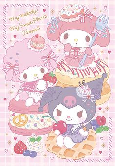 an image of hello kitty birthday card with many different foods and desserts on it