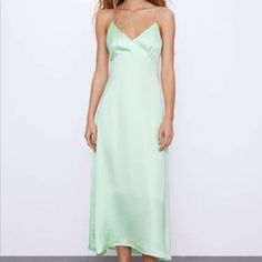 Large New With Tags Green V-neck Slip Dress For Spring, Green Spaghetti Strap Midi Dress For Casual Days, Green Spaghetti Strap Midi Dress For Casual Occasions, Green Spaghetti Strap Midi Dress For Casual Wear, Spring Cocktail Maxi Dress With Spaghetti Straps, Spring Evening A-line Slip Dress, Elegant Green Slip Dress For Casual Occasions, A-line Slip Dress For Date Night In Spring, Spring Party A-line Slip Dress