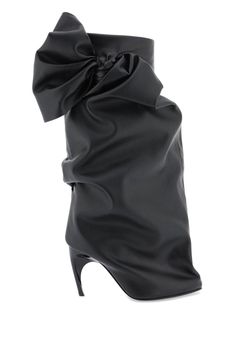 Armadillo Bow-Detailed High Stiletto Heel Boots from Alexander Mc Queen | Alexander Mc Queen Women's Armadillo Bow-detailed High Stiletto Heel Boots in Black | SS24 Bow Women, Faux Leather Boots, Footwear Design Women, Clothes Collection, Leather Interior, Valentino Garavani, Bottega Veneta, Leather Boots, Designing Women