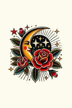 a tattoo design with roses and crescent moon on it's side, surrounded by stars