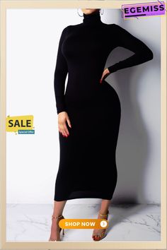 Black Fashion Sexy High Neck Long Sleeve Dress Black Non-stretch Bodycon Dress For Evening, Non-stretch Black Bodycon Dress For Club, Black Non-stretch Solid Midi Dress, Trendy Black Solid Color Bodycon Dress, Black Non-stretch Midi Dress For Date Night, Fitted Solid Black Midi Dress, Black Non-stretch Bodycon Dress, Black Solid Color Midi Dress For Party, Black Solid Color Midi Dress For Date Night