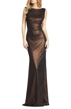 Mac Duggal Metallic Bateau Neck Column Gown | Nordstrom Metallic Prom Dresses, Sleek Dress, Prom Designs, Designer Prom Dresses, Column Gown, Prom Girl, Mac Duggal, Groom Dress, Brown Fashion