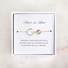 SISTER-IN-LAW GIFT - GOLD BRACELET: Classic and special, beautiful way to show your love to your sister-in-law! This gold bracelet features a stunning round cut glass charm and a hammered eternity circle, symbolizing your deep bond and friendship. The bracelet comes with a sentiment card, will make a perfect gift for your sister-in-law! INSERT CARD READS: Sister-in-Law - The only thing better than having you as a sister-in-law is having you as a friend. BRACELET MATERIALS: Cut Glass/ Gold Plated Gold Wedding Jewelry Gift, Elegant Gold Bracelet For Wedding And Mother's Day, Dainty Gold Bracelet For Wedding And Mother's Day, Elegant Gold Bracelets As Wedding Gift, Elegant Gold Bracelets For Wedding Gift, Personalized Rose Gold Bracelets For Wedding, Personalized Rose Gold Wedding Bracelets, Minimalist Jewelry For Wedding Gifts, Adjustable Gold Bracelets For Wedding