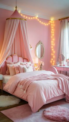 a bedroom decorated in pink and white with lights on the ceiling, bedding, rugs and curtains