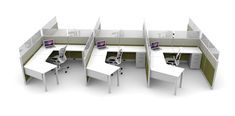 an office cubicle with four desks and two computers on each side, all in white