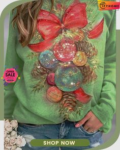 Loose Christmas Casual Jersey Sweatshirt Festive Long Sleeve Holiday Top, Festive Long Sleeve Tops For Holiday, Festive Long Sleeve Top For Holidays, Long Sleeve Tops For Holiday Festivities, Christmas Festive Long Sleeve Tops, Festive Long Sleeve Tops For Christmas, Festive Long Sleeve Tops For New Year, Green Holiday Sweatshirt For Fall, Festive Long Sleeve Fall Sweatshirt