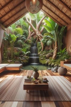 a room with wooden flooring and plants on the walls, in front of a waterfall