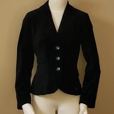 Nwt Loft Black Velvet Blazer. 3 Button Front With 3 Pockets And Rear Belt Detailing. Blue Satin Lining. Fitted Button-up Career Blazer, Fitted Button-up Blazer, Fitted Solid Blazer With Button Closure, Fitted Button-up Blazer With Button Closure, Black Outerwear With Covered Buttons For Office, Button-up Blazer With Covered Buttons For Work, Fitted Outerwear With Covered Buttons For Workwear, Black Business Blazer With Covered Buttons, Fitted Business Blazer With Snap Buttons