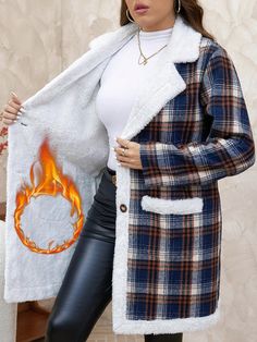 Winter Thick Fleece Lined Plaid Jackets For Plus Size Women Multicolor Casual  Long Sleeve Woven Fabric Plaid Other Slight Stretch  Women Plus Clothing, size features are:Bust: ,Length: ,Sleeve Length: Oversized Long Sleeve Shirt, Elegant Jacket, Warm Winter Jackets, Fleece Tights, Grey Colour Suit, Womens Tights, Long Sleeve Plaid, Plaid Jacket, Long Sleeves Jacket