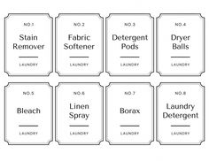 six labels for laundry detergents are shown in black and white, each with different names