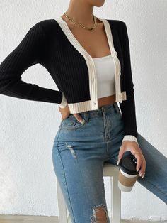 Cute Everyday Outfits Casual, Outfits Simples, Cropped Cardigan Outfit, Trendy Casual Outfits, Colorblock Cardigan, Crop Cardigan, Causual Outfits, Cute Simple Outfits