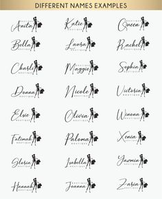 six different types of name labels with the names in black and white, each one has a