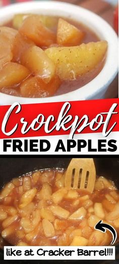 two pictures with the words crockpot fried apples in them