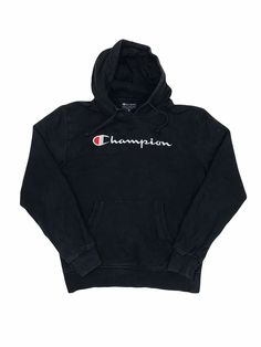 Vintage 90s Champion black embroidered spell out hoodie size small Size label says medium but fits more like an oversized small.  High quality thick and heavy material Pit to pit: 52cm Pit to cuff: 49cm Collar to hem: 61cm Oversized Black Sweatshirt With Embroidered Logo, Cotton Hoodie With Embroidered Logo For Streetwear, Black Oversized Vintage Hoodie, Black Vintage Hoodie With Letter Print, Vintage Black Hoodie With Letter Print, Winter Streetwear Sweatshirt With Embroidered Logo, Vintage Black Hoodie For Winter, Black Cotton Hoodie With Embroidered Logo, Vintage Black Winter Hoodie