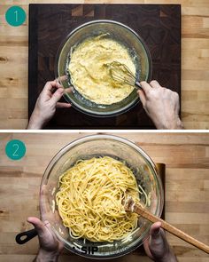 two pictures showing how to make pasta in a bowl