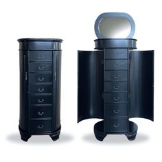 two black jewelry cabinets with mirrors on each side and an oval mirror on the top