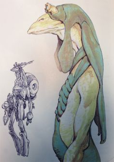 a drawing of an alien creature and a man in armor standing next to each other