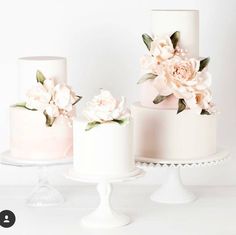 three different types of wedding cakes with flowers on each cake stand, one is white and the other is pink