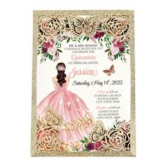 a pink and gold quinceaue birthday party with a girl in a dress