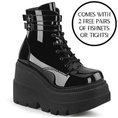 New In Box Demonia Sha52 Black Patent With A 4 1/2" (114mm) Wedge Platform Lace-Up Front Ankle Boot W/ Double Buckled Ankle Straps, Inside Zip Closure. Free Shipping Perfect For A Festival Outfit, Rave Wear, Goth Boots, Alternative Fashion, Dollskill Platform Shoes, With Retro Clothing And More #Nwt #Y2k #Summer #Fall #Aesthetic #Emo #Halloween #Costume Winter Wedges, High Heel Stiefel, Demonia Shoes, Thigh High Stockings, Platform Ankle Boots, Lace Up Ankle Boots, Womens Ankle Boots, Wedge Boots, Mid Calf Boots