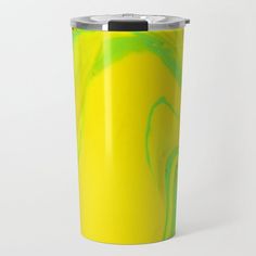 a yellow and green travel mug on a white background