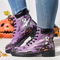 Category:Boots; Upper Materials:Faux Leather; Season:Spring   Fall,Winter; Heel Type:Low Heel; Gender:Women's; Toe Shape:Round Toe; Style:Comfort,Classic; Heel Height(inch):<1; Outsole Materials:Rubber; Occasion:Halloween,Outdoor; Closure Type:Lace-up; Listing Date:08/11/2023; Production mode:External procurement; 2023 Trends:Plus Size,Combat Boots; Foot Length:; Foot Width:; SizeChart1_ID:2:184043 Skull Pumpkin, Styles Ideas, Purple Decor, Clothes Men, Winter Ankle Boots, Classic Boots, Gothic Style, Lace Up Ankle Boots, Skull Print