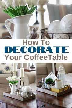 a coffee table with white flowers in a vase and some candles on the end tables