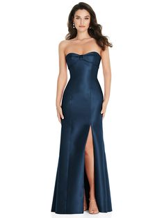 Show Off Your Shape In An Elegant Satin Twill Gown. A Trumpet Silhouette Creates A Dramatic Hourglass Silhouette, While A Strapless Neckline Is Adorned With A Bow Cuff That Draws The Eye And Adds Just The Right Touch Of Decoration To A Soft, Slitted Skirt. Shown In Sofia Blue. Trumpet Silhouette, Dream Prom Dress, Prom Dress Inspo, Strapless Prom Dress, Hourglass Silhouette, Dream Prom, Trumpet Gown, Prom 2024, Prom Inspo