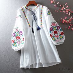 Lasaky - Artistic Rural Lantern Sleeve Cotton Linen Vacation Embroidered Lotus Leaf Hem Loose Casual One-Piece Dress Dress Collar, Lotus Leaf, Daily Dress, White Sleeveless, Lantern Sleeve, One Piece Dress, Lantern Sleeves, Types Of Skirts, Collar Dress