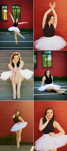 a series of photos showing the different poses of a woman in ballet clothes and tutus