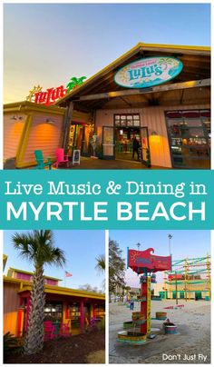 the front and side of a restaurant with palm trees in front of it that says, live music & dining in myntle beach