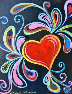 a painting of a red heart surrounded by swirls and waves on a black background