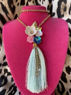 Betsey Johnson Beach Party Sequin Flower Light Blue Tassel Leaf Long Necklace | eBay Spring Bohemian Jewelry With Fringe, Bohemian Spring Jewelry With Fringe, Spring Bohemian Fringe Jewelry, Spring Party Blue Jewelry, Spring Party Flower Necklace With Charm, Spring Party Flower Charm Necklace, Spring Beach Jewelry With Tassels, Spring Party Jewelry In Turquoise, Spring Party Turquoise Jewelry