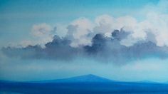 an oil painting of clouds over the ocean with a mountain in the distance behind it